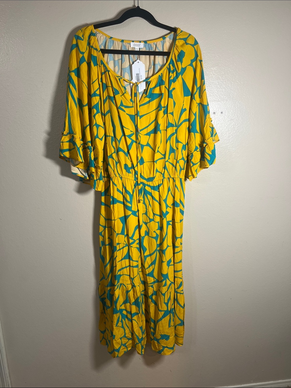 Oddi Yellow & Teal Floral Midi Dress with Tie Neck